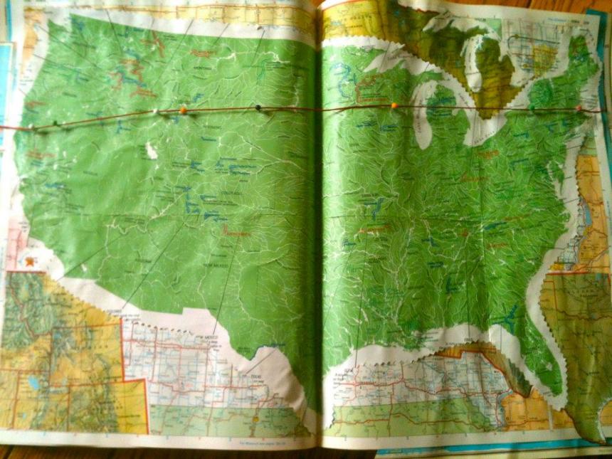 The yarn on this map shows where the magnetic Ley Line, First Nations' Ley, occurs in North America. Ley lines, or geomagnetic lines, occur all throughout the world and are known by mystics, tribal people, and the ancient civlisations as power lines, powerful enough to transfer communications. We chose several locations along the ley line, typically known for their natural beauty and grandeur, to create a song about it.